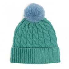 50% recycled green cable knit and faux fur bobble hat by Peace of Mind